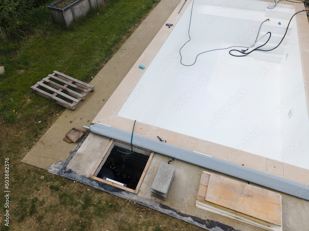 Drone flight over pool in the middle of greenery just left out and cleaned Drone flight over pool in the middle of greenery just left out and cleaned