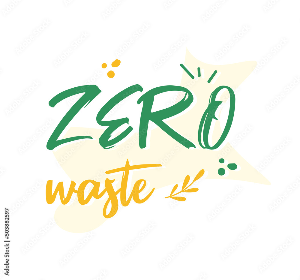 Zero waste. Banner. Green and yellow lettering, text. Save the planet. Say no to plastic