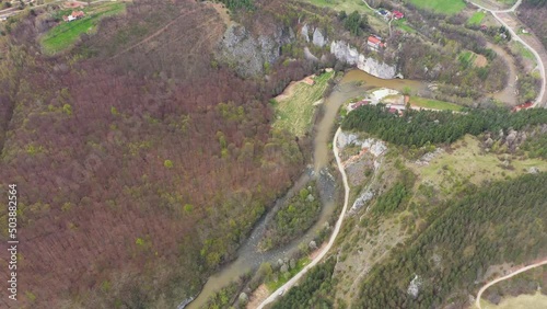Aerial view of a mountain river. Crisul Repede, Suncuius, Romania photo