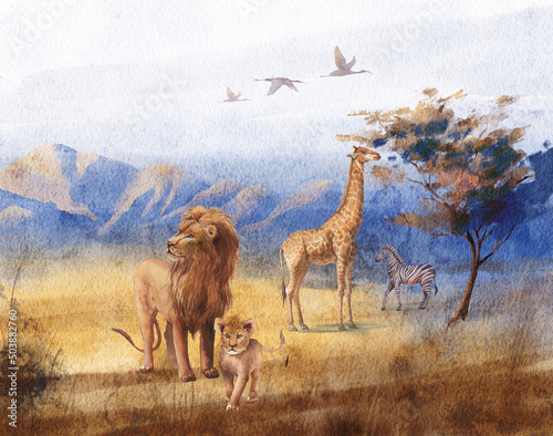 Obraz Akwarela krajobraz: afrykańska sawanna. widok natury z drzewem, górami i zwierzętami. Piękna scena safari