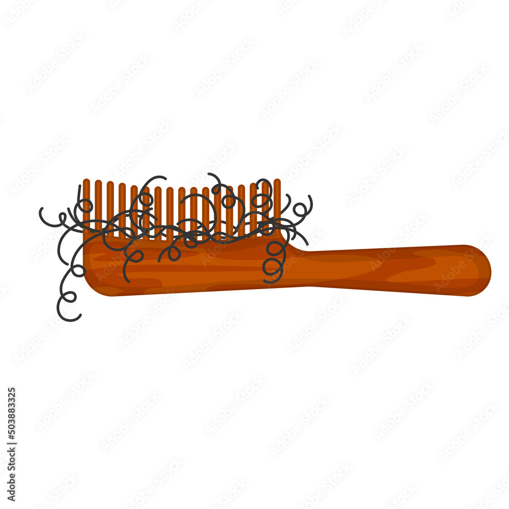 Hairbrush with curly hair stuck in the bristle. Hair strands on a comb