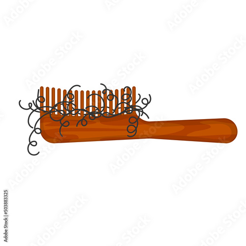 Hairbrush with curly hair stuck in the bristle. Hair strands on a comb. Excessive hair fall problem. Alopecia symptom concept. Vector illustration.