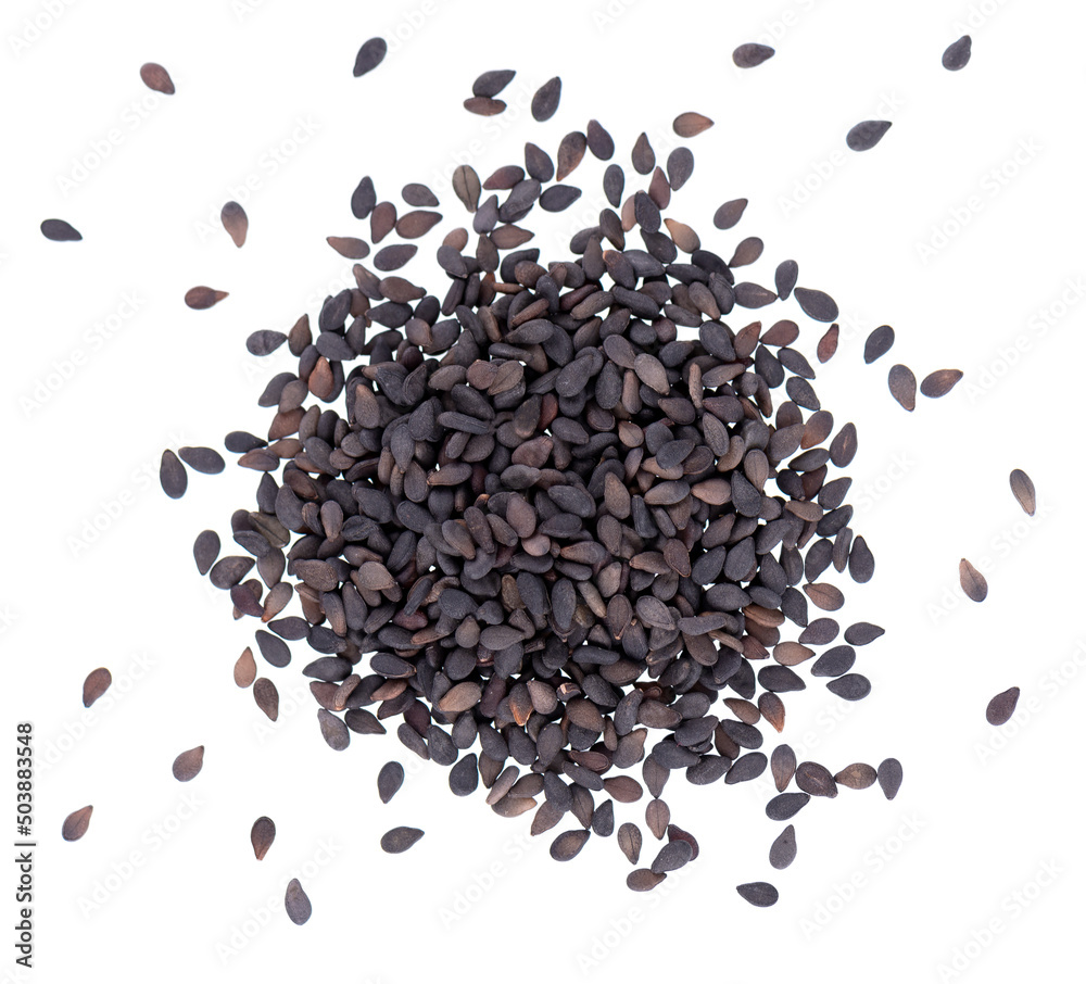 Black sesame seeds isolated on white background. Organic spice. Top view. Black sesame seeds isolated on white background. Organic spice. Top view.