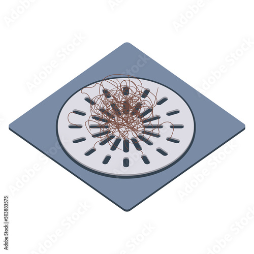 Hair clump on the shower drain grid. Excessive hair fall problem. Alopecia symptom concept. Cleaning shower pan base after washing scalp. Cartoon vector illustration