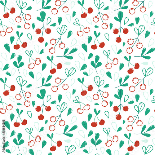 Cherry line seamless pattern. Fruit vector flat pattern. Red and green objects, leaves, berries. Spring and summer design