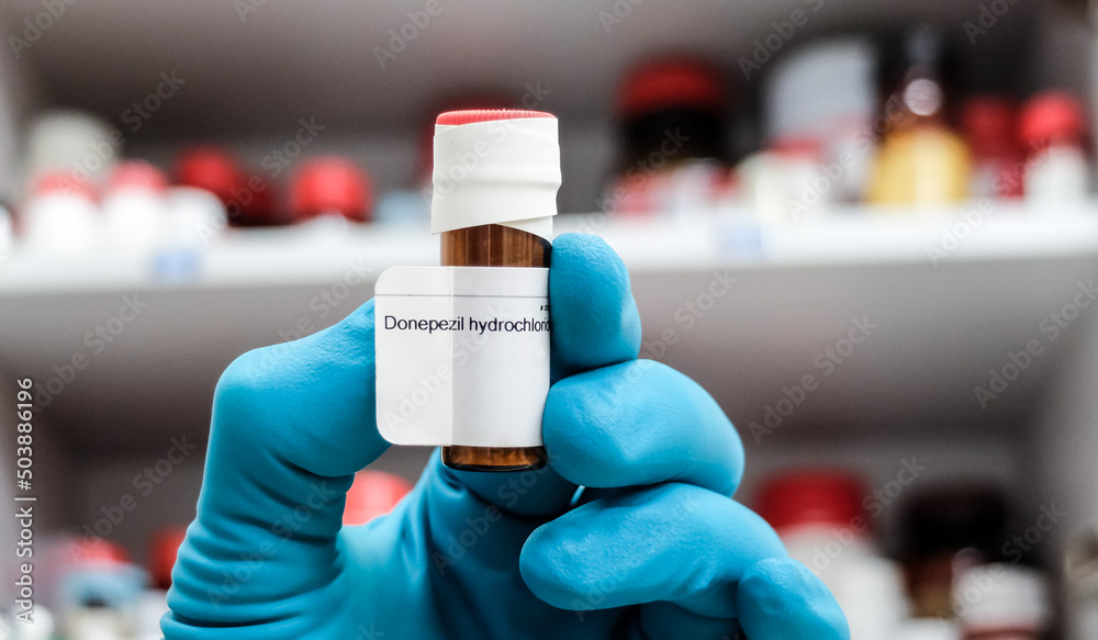 A glass vial of donepezil - a medication used to treat dementia of the Alzheimer's type.