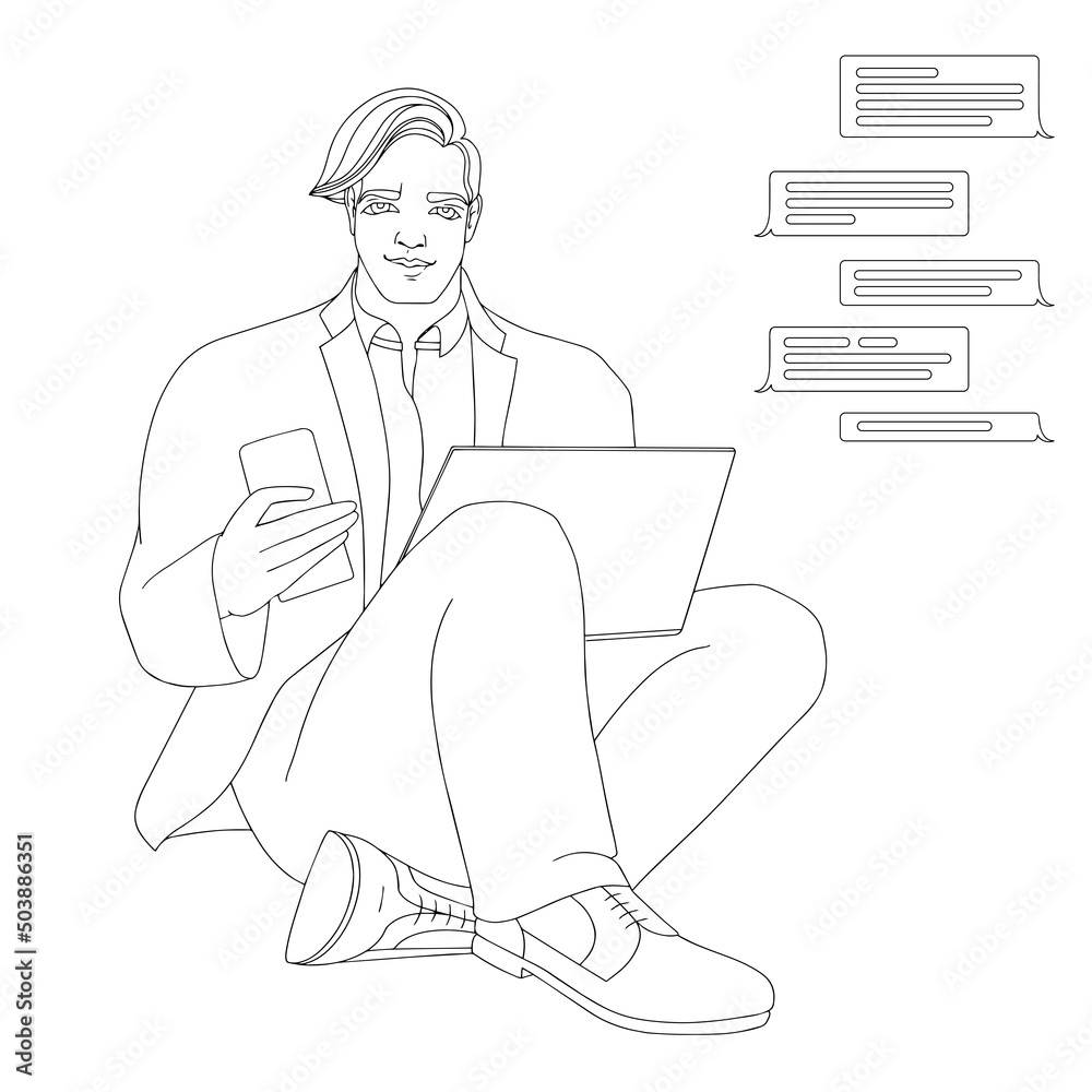 Young man is sitting and holding laptop and phone. Vector.