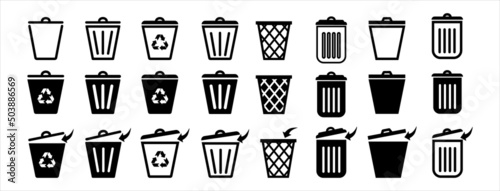 Trash can vector icon set.Recycle bin.Recycle bin.Vector trash can symbol.Garbage tank.Wastebasket.Bin icons set.Dustbin icon.Delete.