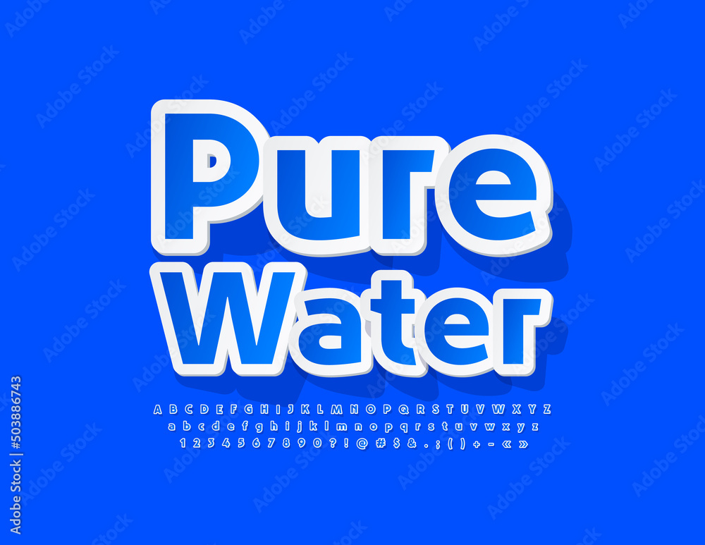 Vector eco logo Pure Water. Modern Blue Alphabet Letters and Numbers. Sticker style Font. 