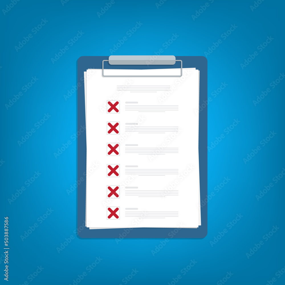 Clipboard with X marks. Failed checklist. Checklist, unfinished tasks, to-do list, survey concept. Flat style vector illustration. Clipboard with X marks. Failed checklist. Checklist, unfinished tasks, to-do list, survey concept. Flat style vector illustration.