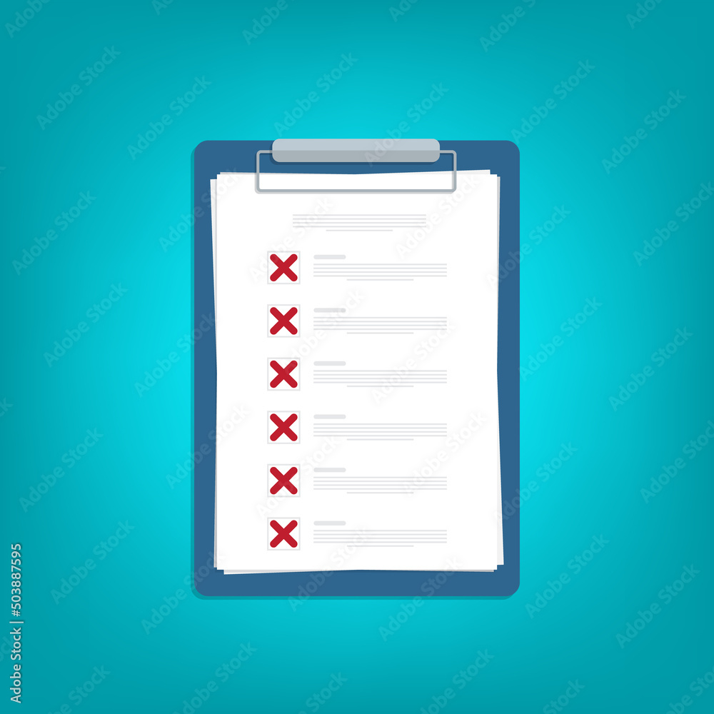 Clipboard with X marks. Failed checklist. Checklist, unfinished tasks, to-do list, survey concept. Flat style vector illustration. Clipboard with X marks. Failed checklist. Checklist, unfinished tasks, to-do list, survey concept. Flat style vector illustration.