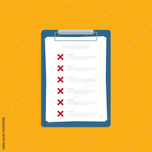 Clipboard with X marks. Failed checklist. Checklist, unfinished tasks, to-do list, survey concept. Flat style vector illustration.