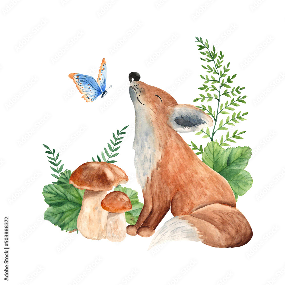 Obraz premium Cute baby fox with butterfly, mushrooms and green leaves. Kid forest watercolor illustration.