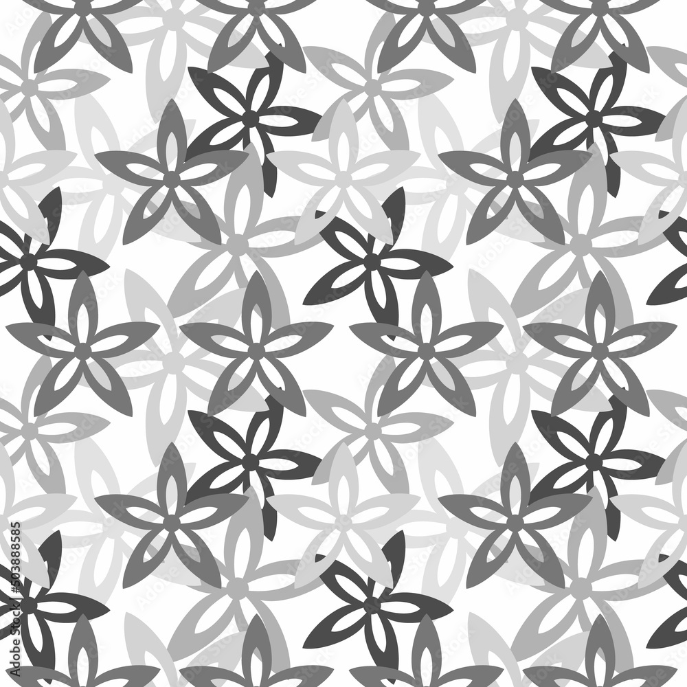 Monochrome flat flower silhouette icon vector seamless pattern on white background. Abstract floral graphic ornament wallpaper. Symmetrical backdrop. Template for print, design, banner or card.