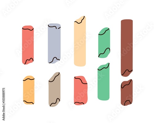 Crayon sticks of different colour. Used dry pigments for painting, drawing. Broken wax pastel assortment. Art supplies, stationery. Flat vector illustration isolated on white background
