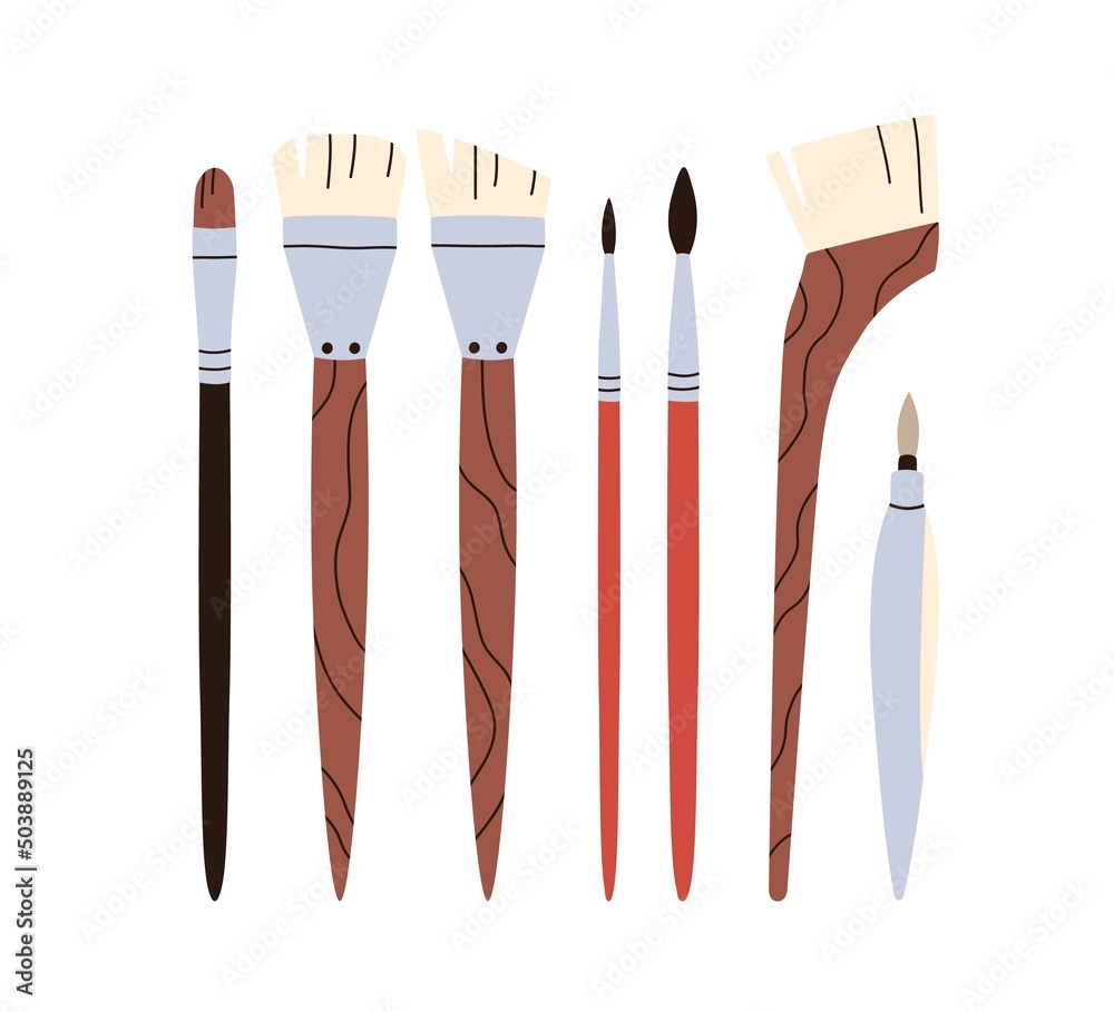 Paintbrushes set. Different paint brushes types. Thin and thick