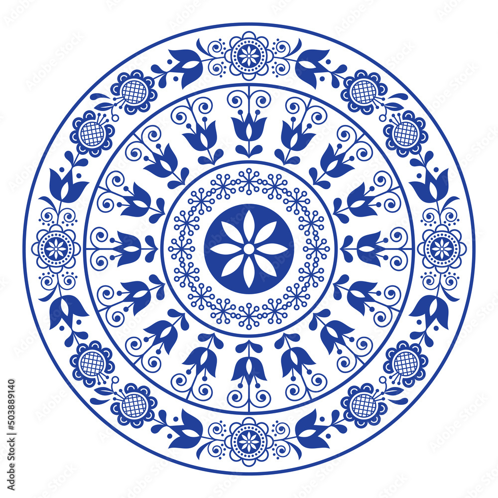 Scandinavian folk art vector mandala design, cute pattern with flowers retro style in navy blue on white background
