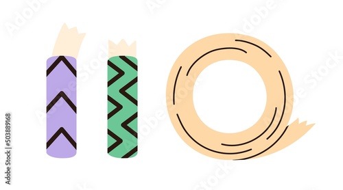 Adhesive tape roll and strips. Sticky glue papers, scotch reel, insulating sellotape, masking duct set. Office stationery, supplies. Flat vector illustrations isolated on white background