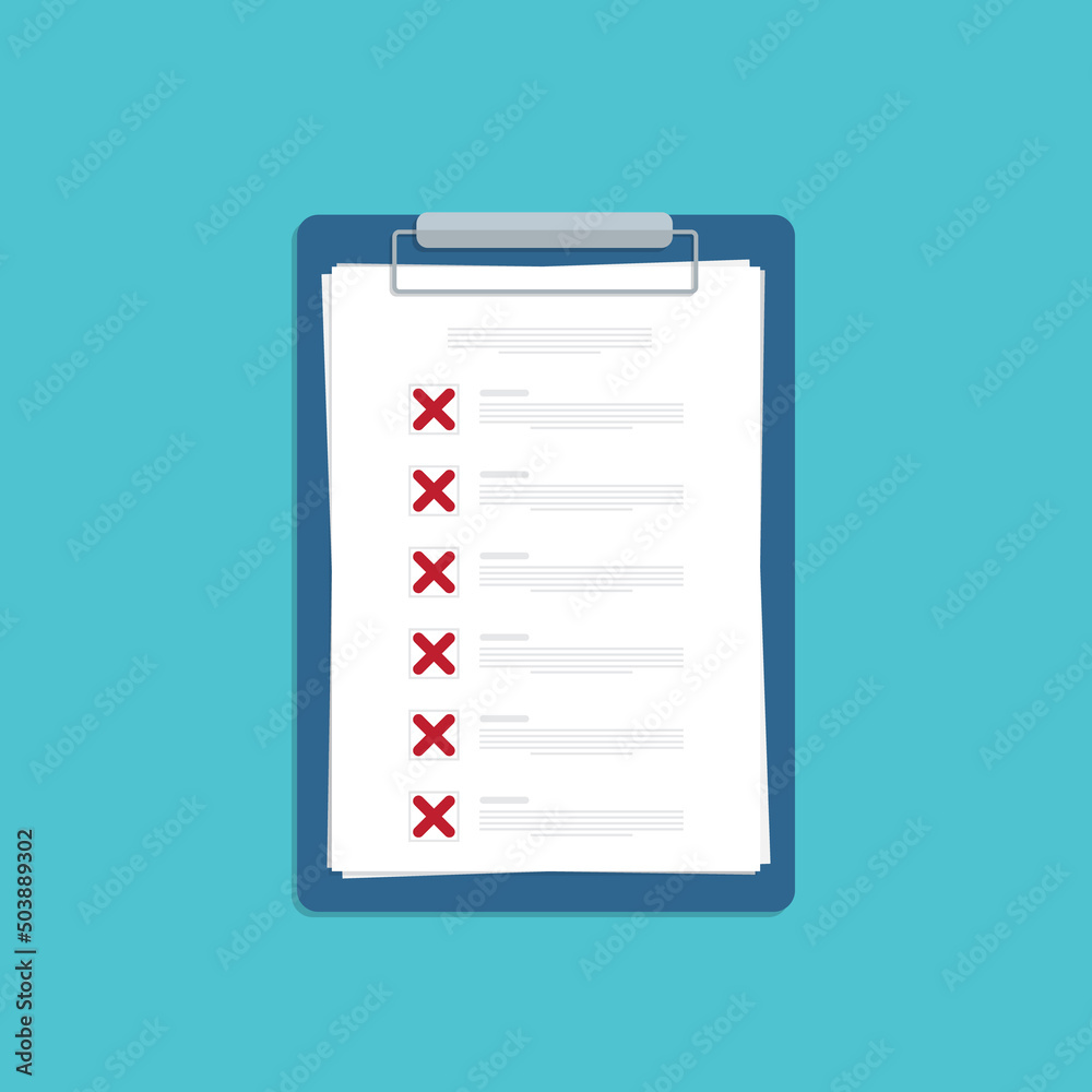 Clipboard with X marks. Failed checklist. Checklist, unfinished tasks, to-do list, survey concept. Flat style
illustration. Clipboard with X marks. Failed checklist. Checklist, unfinished tasks, to-do list, survey concept. Flat style
illustration.