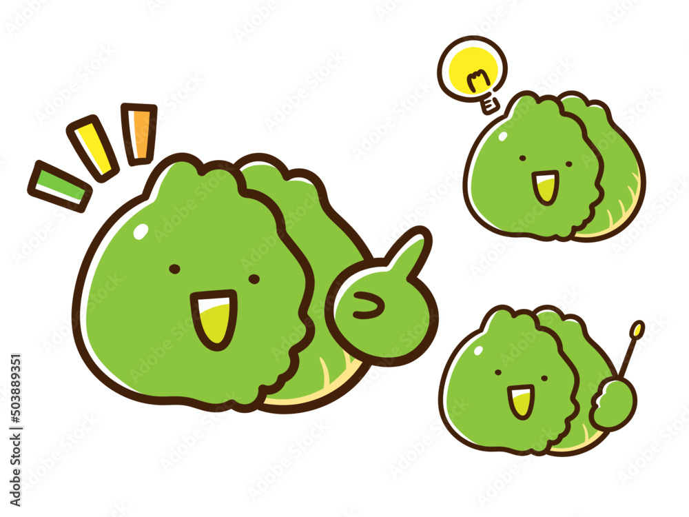 Obraz premium 色々なポーズ表現をするキャベツのキャラクターのかわいい手書き風イラストセット