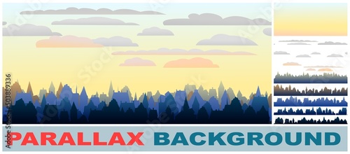 Small town streets silhouette. Set parallax effect. Roofs of houses. Country landscape. Flat cartoon style. Seamless illustration. Vector