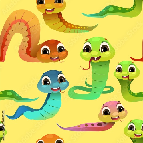 Cheerful baby snake. Seamless pattern. Cartoon style illustration. Cute childish character. Vector