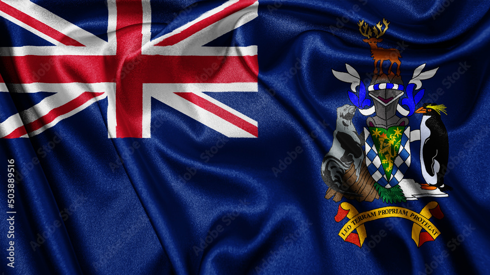 Fototapeta premium Close up realistic texture fabric textile silk satin flag of South Georgia waving fluttering background. National symbol of the country. 26th of May, Happy Day concept 