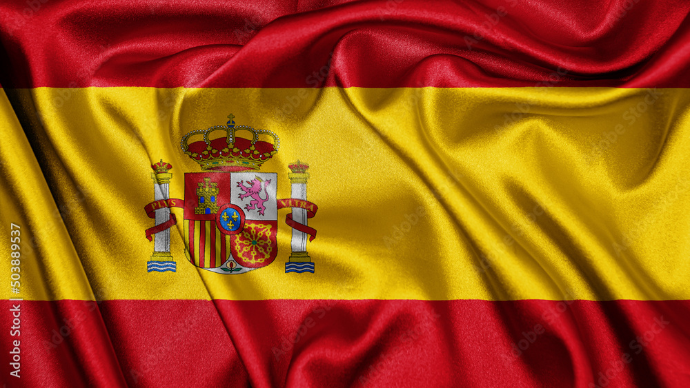 Obraz premium Close up realistic texture fabric textile silk satin flag of Spain waving fluttering background. National symbol of the country. 12th of October, Happy Day concept 