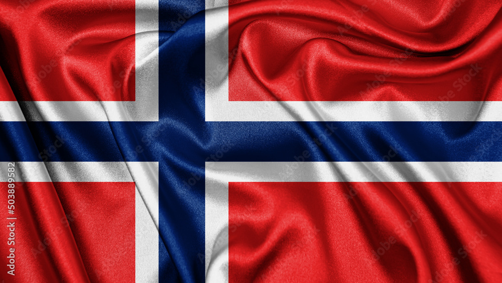 Fototapeta premium Close up realistic texture fabric textile silk satin flag of Svalbard and Jan Mayen waving fluttering background. National symbol of the country. 1st of January, Happy Day concept