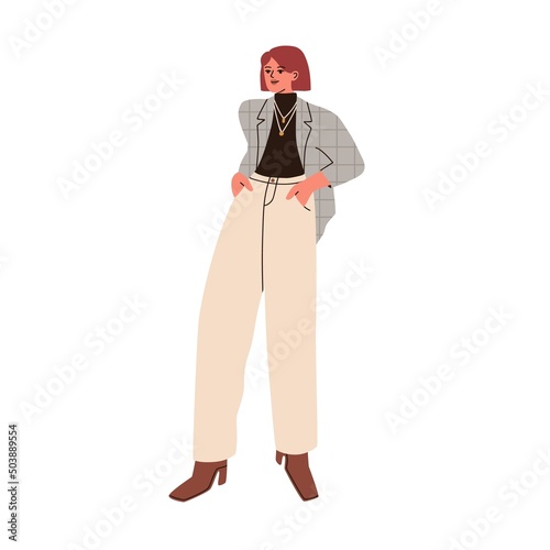 Woman wearing fashion outfit, stylish pants and jacket. Female in modern tren...