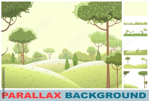 Amusing beautiful forest landscape. Set parallax effect. Cartoon style. Grass hills. Rural natural look. Flat design illustration. art Vector