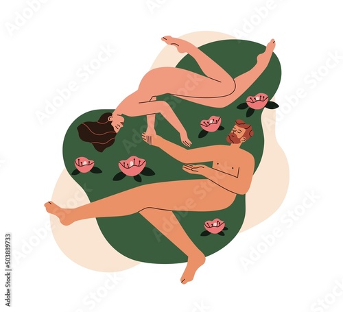 Sexual relationship of love couple. Naked man and woman lovers lying after se...