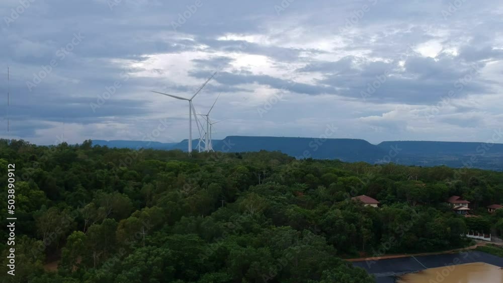 Aerial view of wind turbine on the mountain