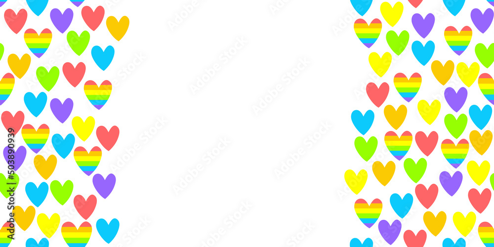 Background, side border, backdrop with color and rainbow hearts. LGBT community concept. Gay Pride Month decoration