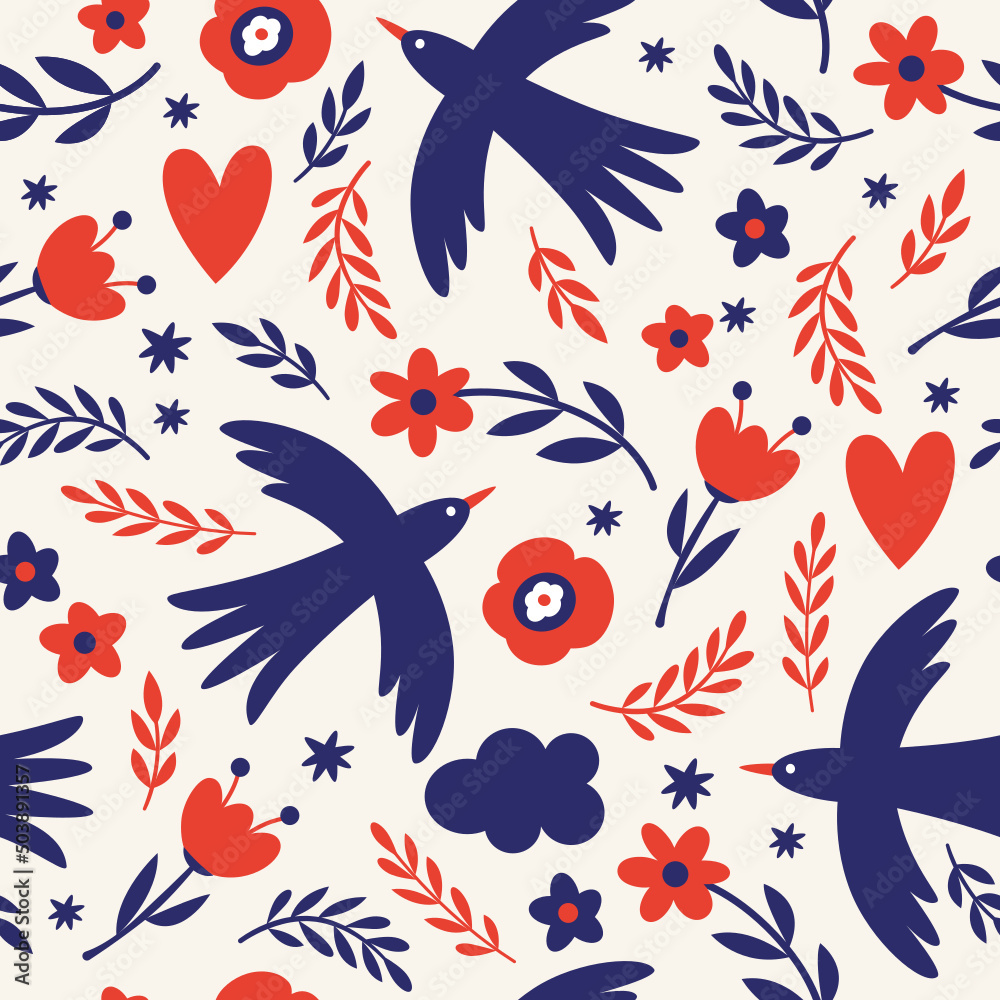 Seamless pattern with birds and flowers. Fabric pattern, apparel print, wrapping gift paper Seamless pattern with birds and flowers. Fabric pattern, apparel print, wrapping gift paper