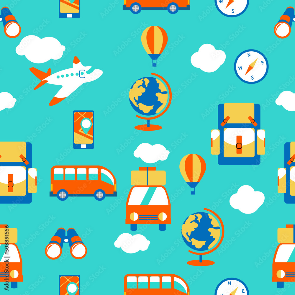 Fototapeta premium cheerful pattern with the image of a tourist set, summer holidays and travel
