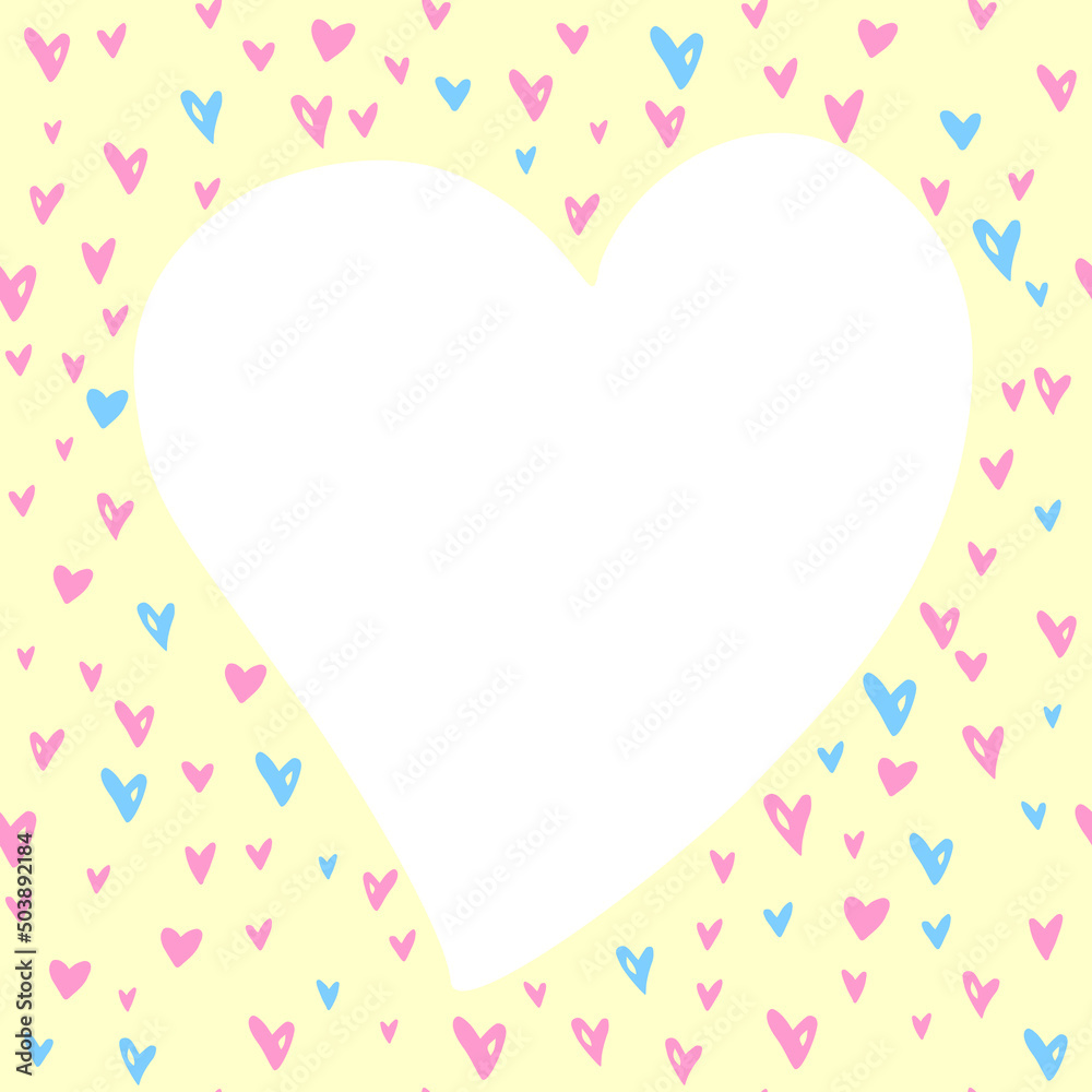 Vector frame, border from blue pink hearts. Simple romance symbol of love in doodle, background, decoration for invitation, Valentine's day, greeting card, wedding