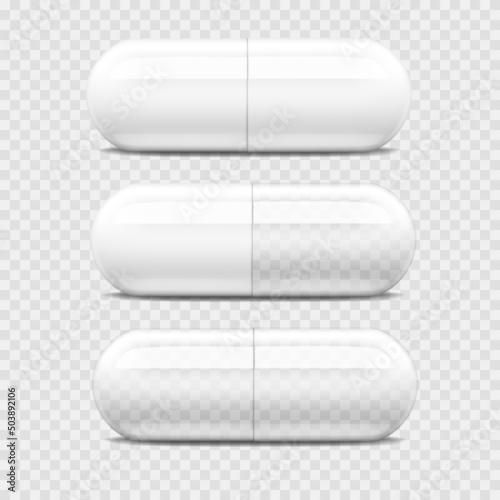 Set of  pharmaceutical capsule, medical tablet, transparent, isolated.
