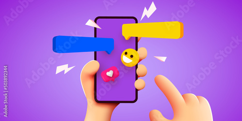 Hand holding phone with messages. Communication and social networking concept.