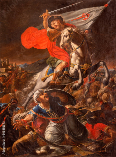 The baroque painting of St. James a white horse in the battle with the mussulmans in the Cathedral by Evaristo Muñoz 18. cent photo