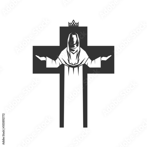 Christian illustration. Church logo. Jesus Christ on the background of the cross.