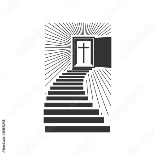 Christian illustration. Church logo. Stairs leading to the door, in which the cross of Jesus Christ shines.