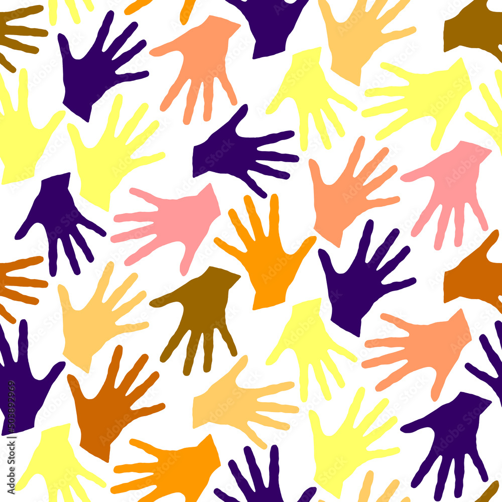 Seamless pattern with palm prints. Symbol of racial and national equality, friendship, happy childhood, world peace, unity of peoples and globalization Seamless pattern with palm prints. Symbol of racial and national equality, friendship, happy childhood, world peace, unity of peoples and globalization