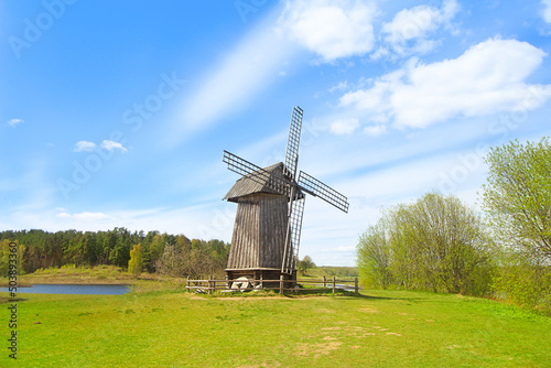 Old wooden windmill in Mikhailovskoye Museum-Reserve  Pushkinskiye Gory.