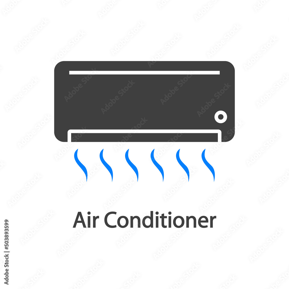 Reparación y servicio de aire acondicionado. Logo con texto Air Conditioner con aparato con olas en color gris y azul Reparación y servicio de aire acondicionado. Logo con texto Air Conditioner con aparato con olas en color gris y azul