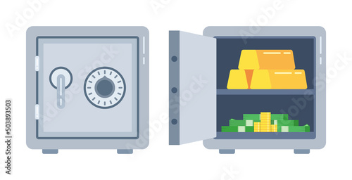 Two bank safes, one closed the other open with money and gold bars. Vector illustration.