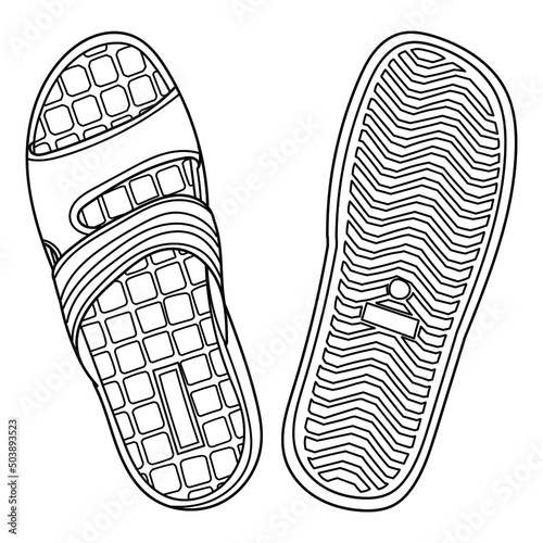 Pair of flip flops, summer time vacation attribute, slippers, shoes, sketch style vector black and white illustration isolated on white background. Hand drawn flip flops, sandals, symbol of summer. 
