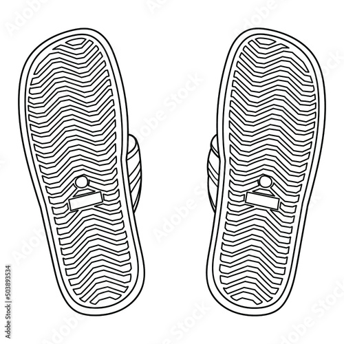 Pair of flip flops, summer time vacation attribute, slippers, shoes, sketch style vector black and white illustration isolated on white background. Hand drawn flip flops, sandals, symbol of summer.  © Anton Baranovskyi