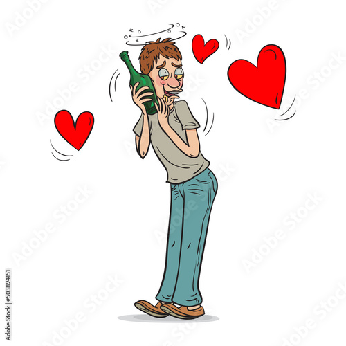 A happy drunk man with smiling holding a wine bottle, Alcoholism, alcohol addiction, illustrator vector cartoon drawing