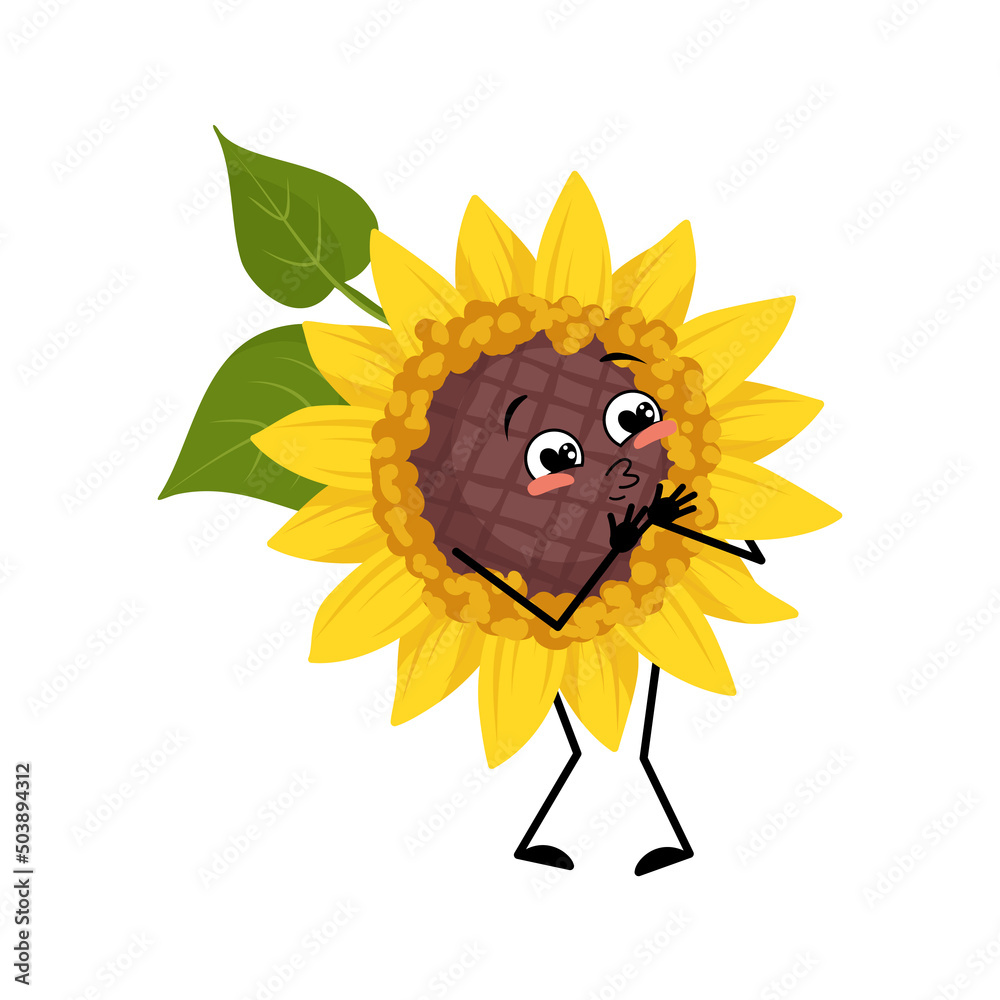 Sunflower character with love emotions, smile face, arms and legs. Plant person with happy expression, yellow sun flower emoticon. Vector flat illustration Sunflower character with love emotions, smile face, arms and legs. Plant person with happy expression, yellow sun flower emoticon. Vector flat illustration